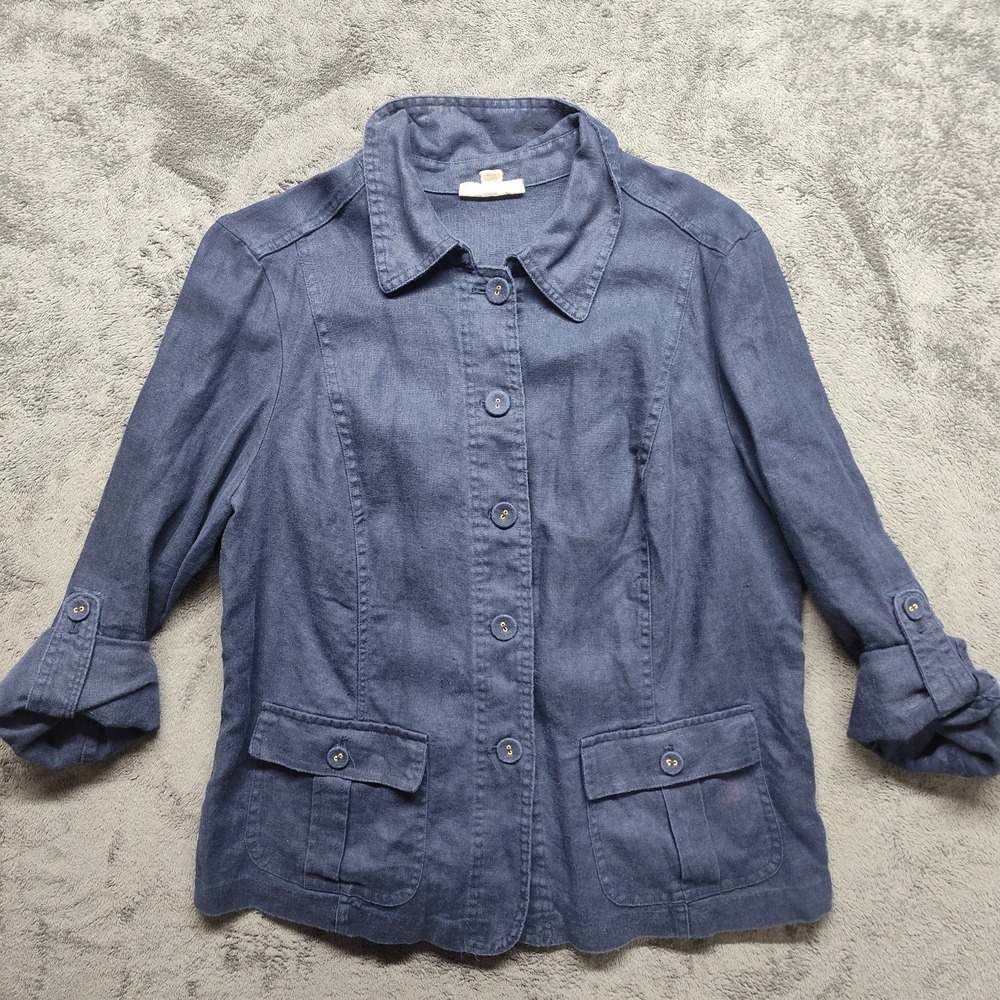 Navy blue linen shacket petite L preppy Charter Club luxury classic minimalist